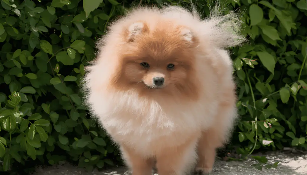 um cão da raça lulu da pomerânia em uma calçada, atrás dele um muro com plantas.