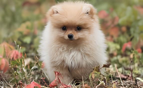 um cão da raça lulu da pomerânia Braquicefálico em um gramado com folhas e gravetos secos.