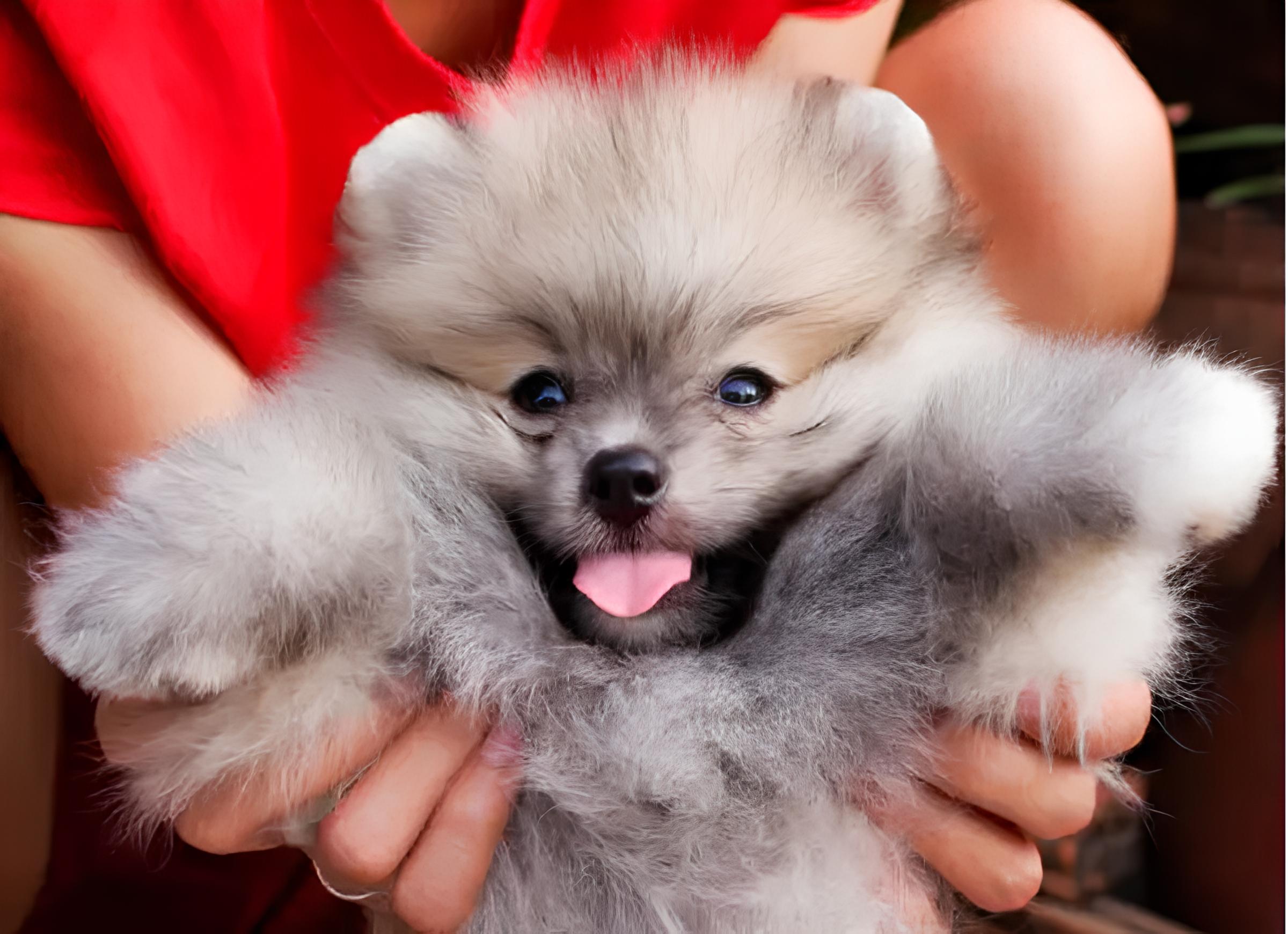 um cão filhote da raça lulu da pomerânia na pelagem cinza.