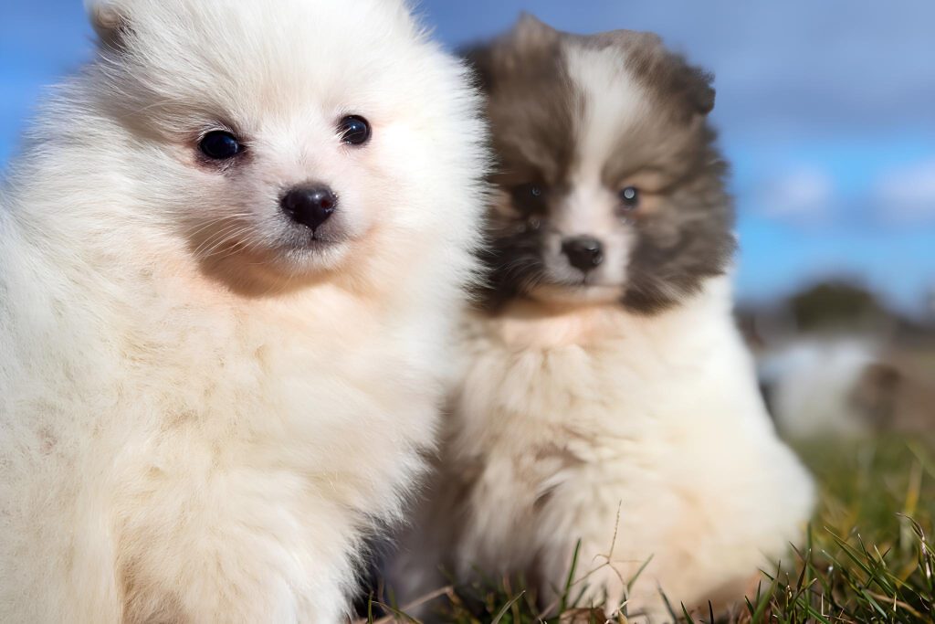 dois cães filhotes da raça lulu da pomerânia sentados em um gramado.