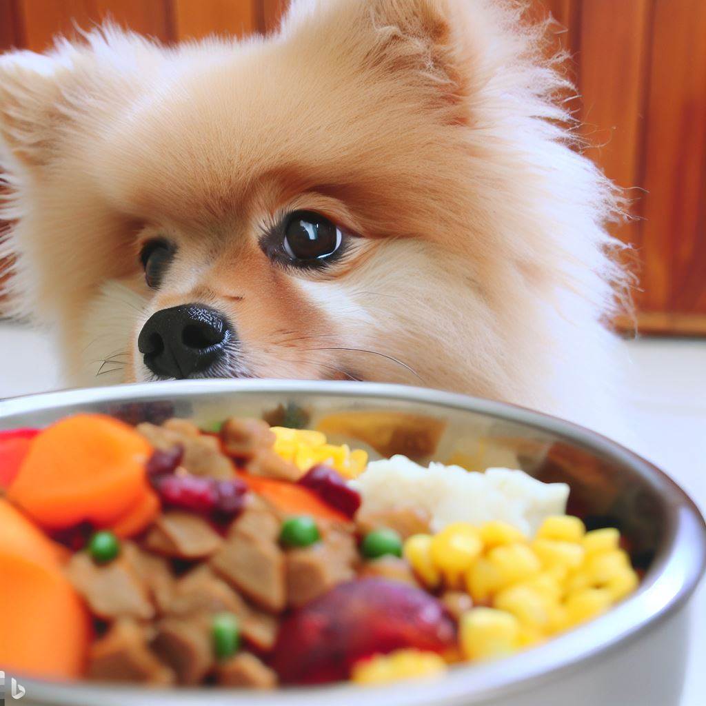 um cão da raça lulu da pomerânia com uma tigela de comida.