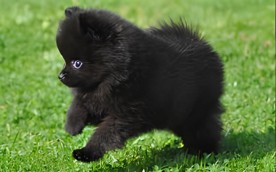 um cão filhote da raça lulu da pomerânia na pelagem preta correndo em um gramado.