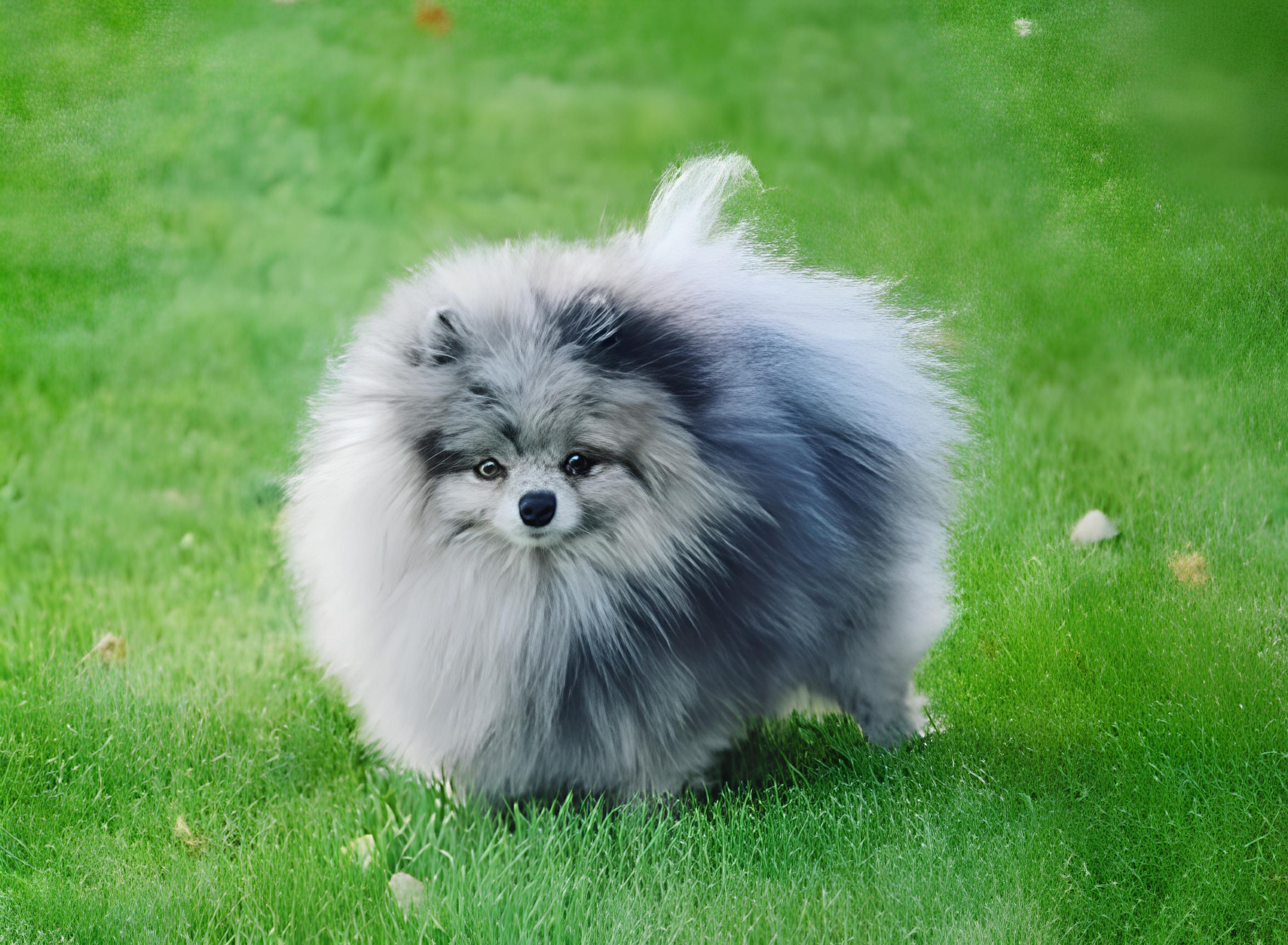 um cão da raça lulu da pomerânia na pelagem cinza em um gramado.
