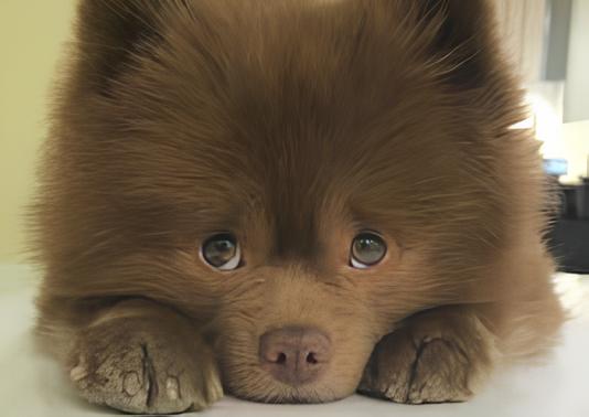um cão da raça lulu da pomerânia na pelagem chocolate.