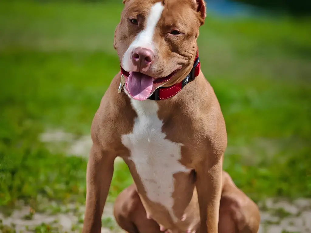 um cão da raça pit bull com uma coleira vermelha.