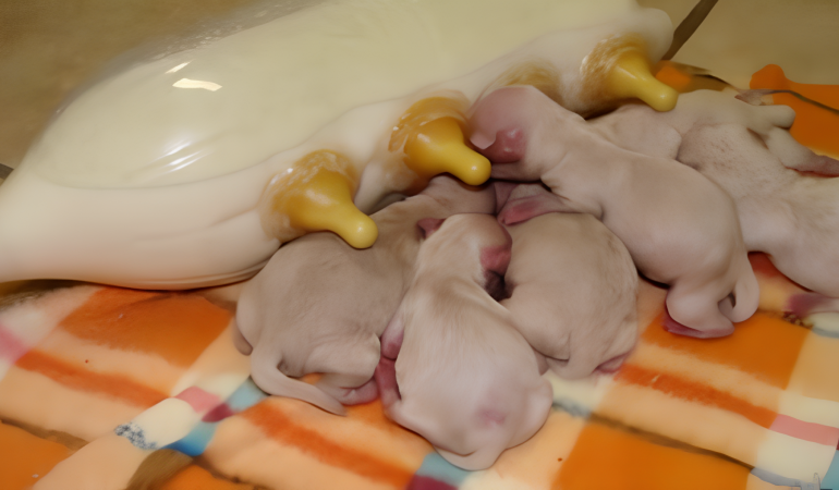 filhotes da raça lulu da pomerânia mamando fórmula