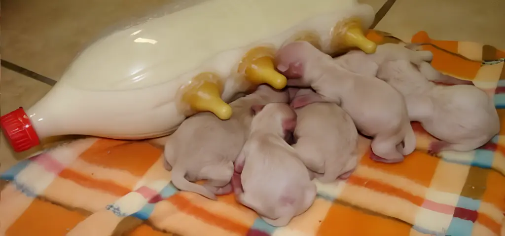 filhotes de lulus da pomerânia sendo amamentados com uma mamadeira improvisada com fórmula.