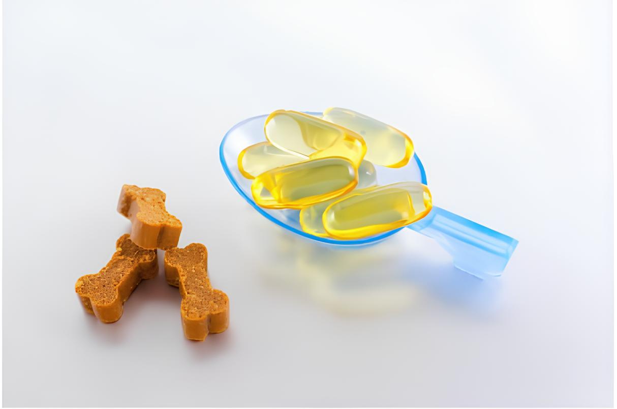 vários comprimidos de ômega 3 em uma colher e ao lado uns petiscos de cachorro