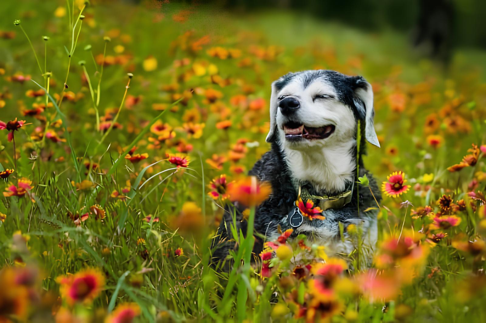 um cachorro idoso em meio a um gramado alto com várias flores