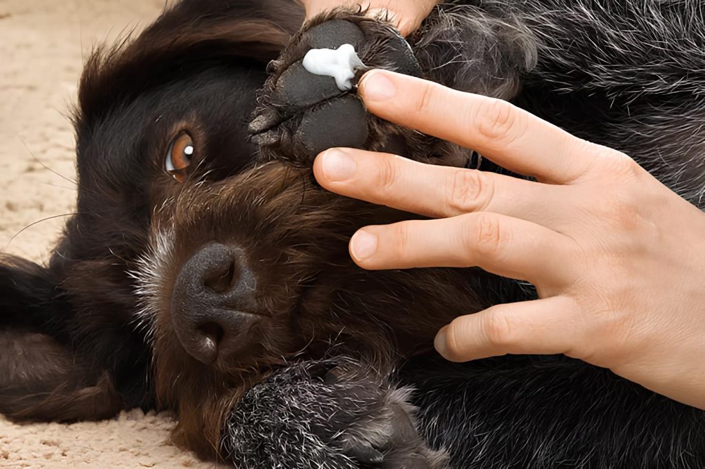 um cachorro com a pata machucada e seu tutor esta passando uma pomada cicatrizante.