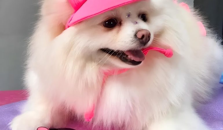 um lulu da pomerânia deitado descansando um com boné para cachorro na cor rosa.