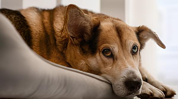 um cachorro deitado triste