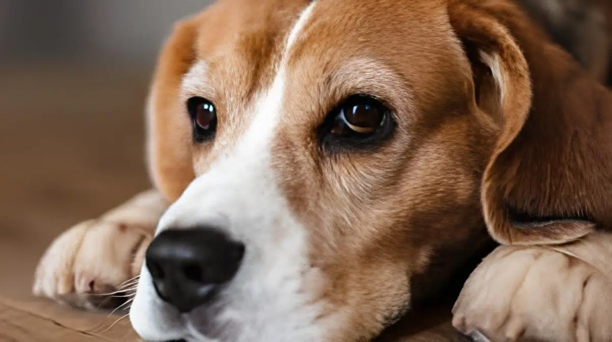 um cachorro deitado triste