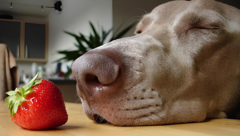 um cachorro cheirando um morango
