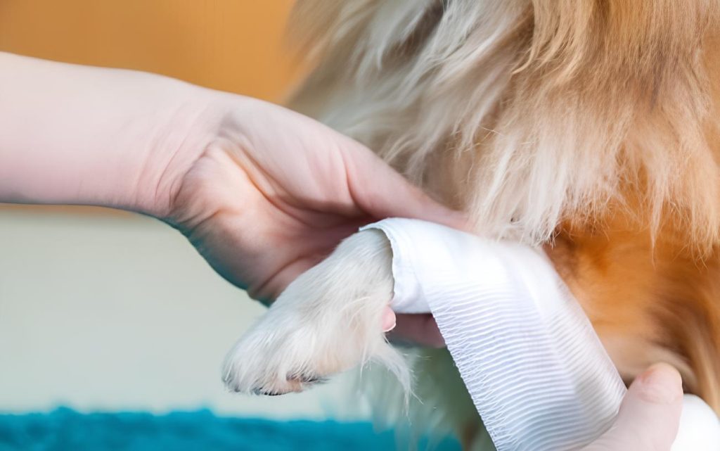 cachorro com a pata machucado, precisou passar uma pomada cicatrizante e enfaixar.