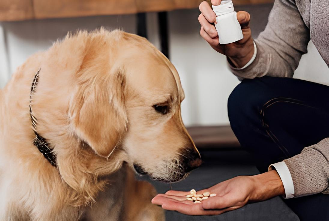 um golden retriever tomando comprimidos da mães de sua tutora