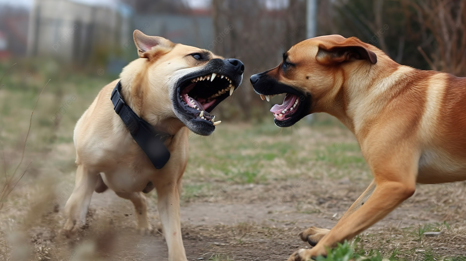 dois cachorros de porte grande fazendo ataque entre eles.