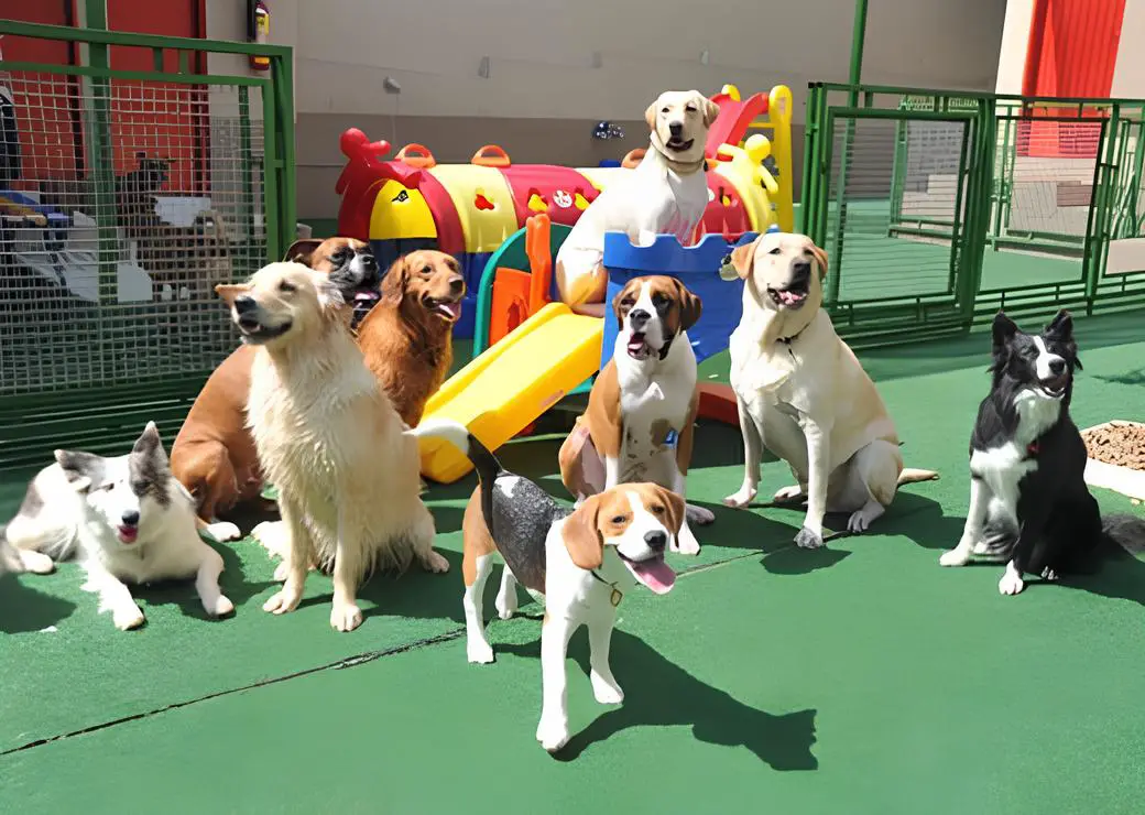 vários cachorros de raças diferentes juntos em uma creche brincando com brinquedos