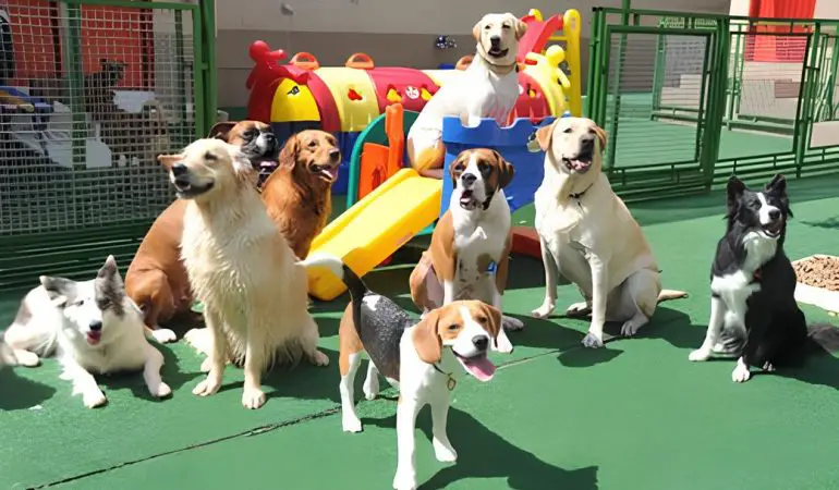 vários cachorros de raças diferentes juntos em um espaço recreativo em uma creche para cães.