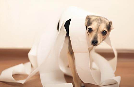 um cachorro enrolado em um papel higiênico com sintomas de diarréia.