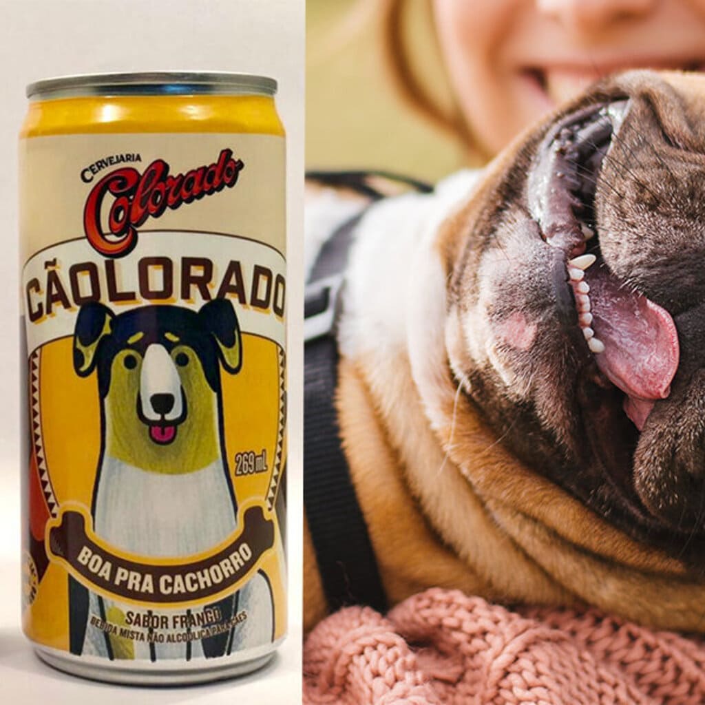 uma latinha de cerveja para cachorro e ao lado um cachorro feliz.