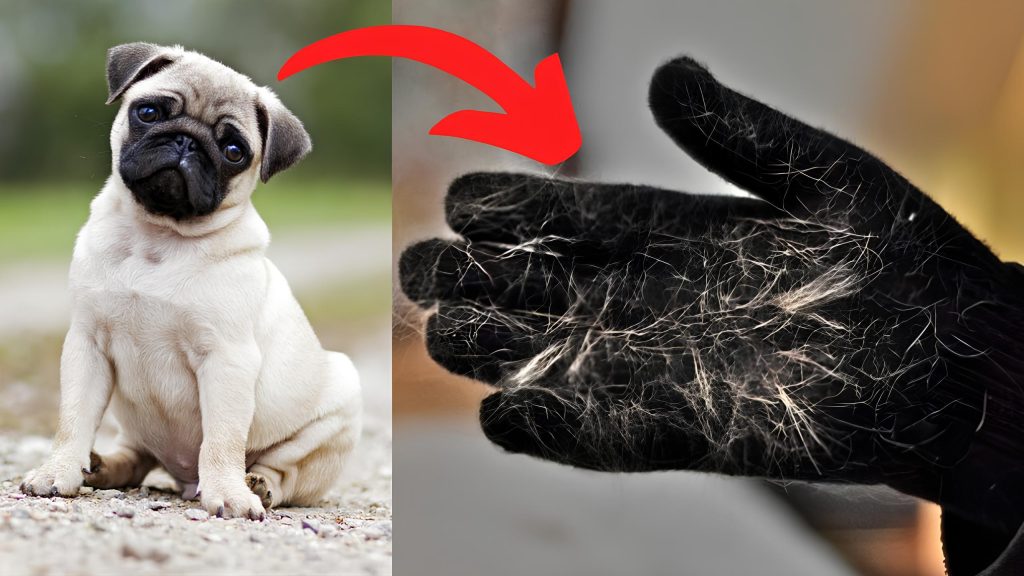 um cachorro da raça pug e ao seu lado uma pessoa com luva para pegar pelo do cachorro que esta soltando muito.