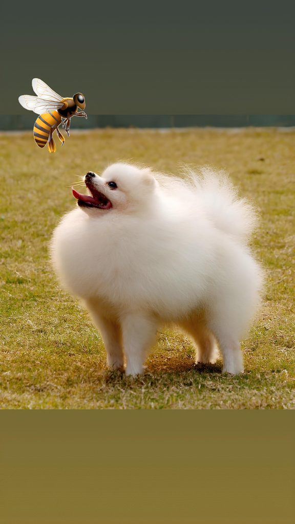 um lulu da pomerânia com uma abelha em seu focinho