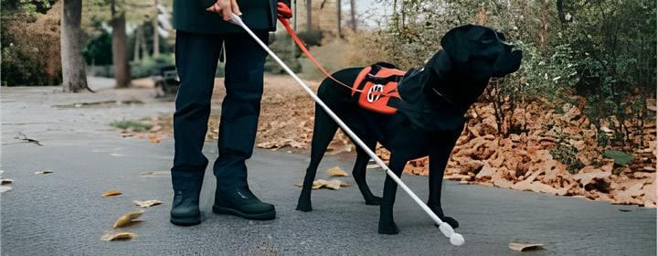 uma pessoa deficiente visual com um cachorro guia