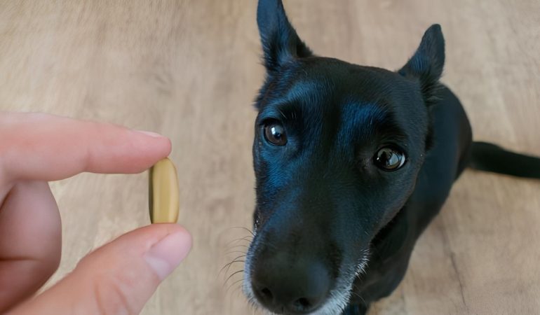 um cachorro sentado ao chão olhando para um comprimido de ômega 3.