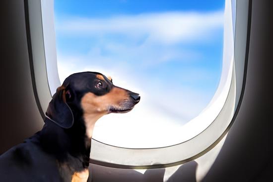um cachorro olhando a vista de uma janela de avião 