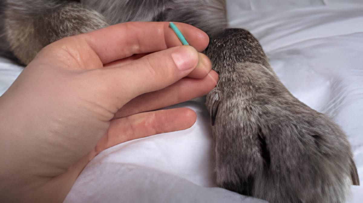 um cão fazendo acupuntura nas pata.