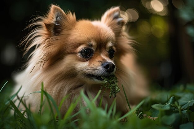 um lulu da pomerânia com uma planta na boca