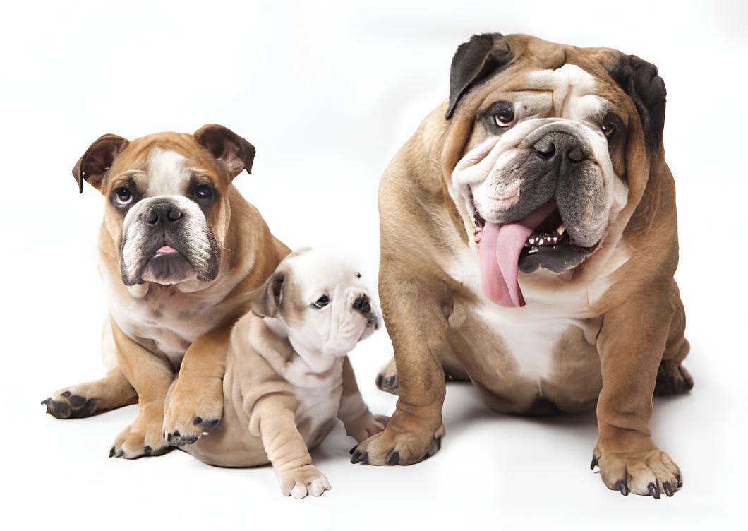 dois cachorros da raça Buldogue Inglês junto com seu filhote
