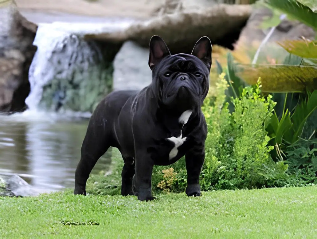um cachorro da raça buldog francês em um jardim