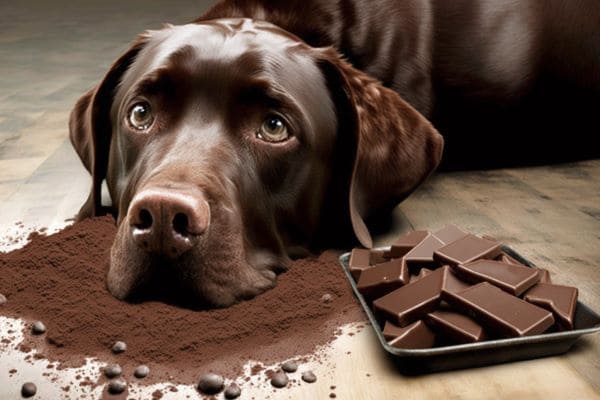 um cachorro deitado e a sua frente chocolate em uma tigela
