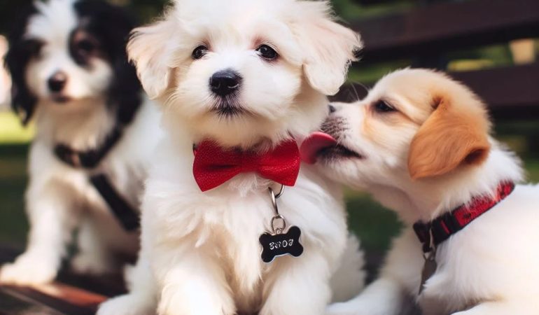 filhotes de cachorros sentados em um banco de praça.