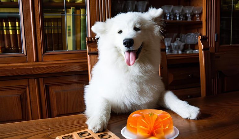 um cachorro sentado e a sua frente um prato com uma gelatina.