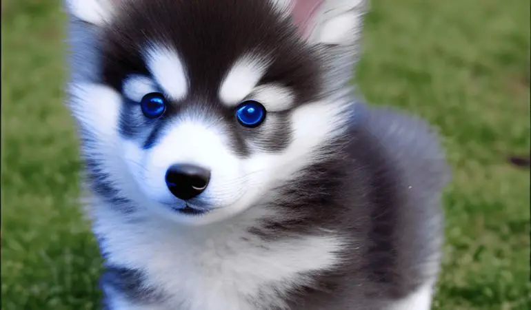 um filhote pomsky. mistura de husky siberiano e lulu da pomerânia.