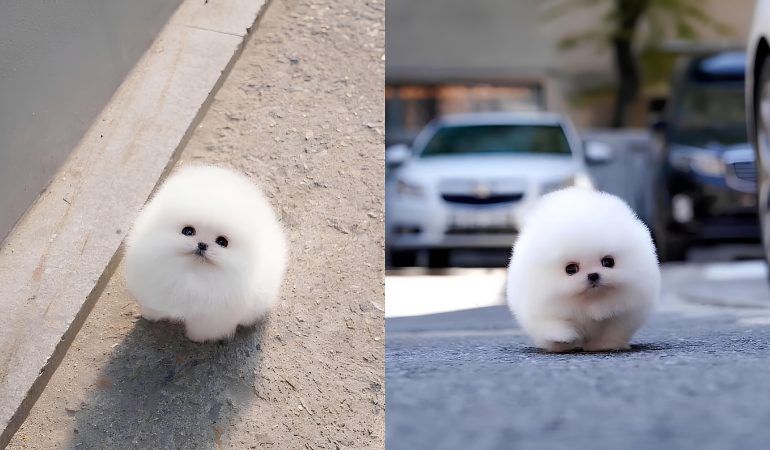 um filhote de lulu da pomerânia correndo parecendo um pompom