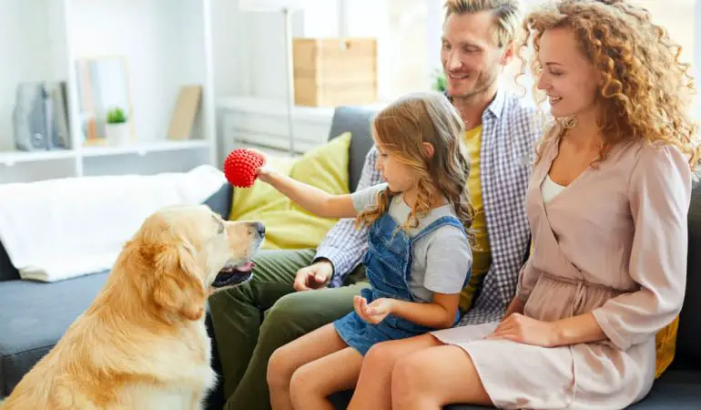uma família sentada em um sofá brincando com um cachorro.