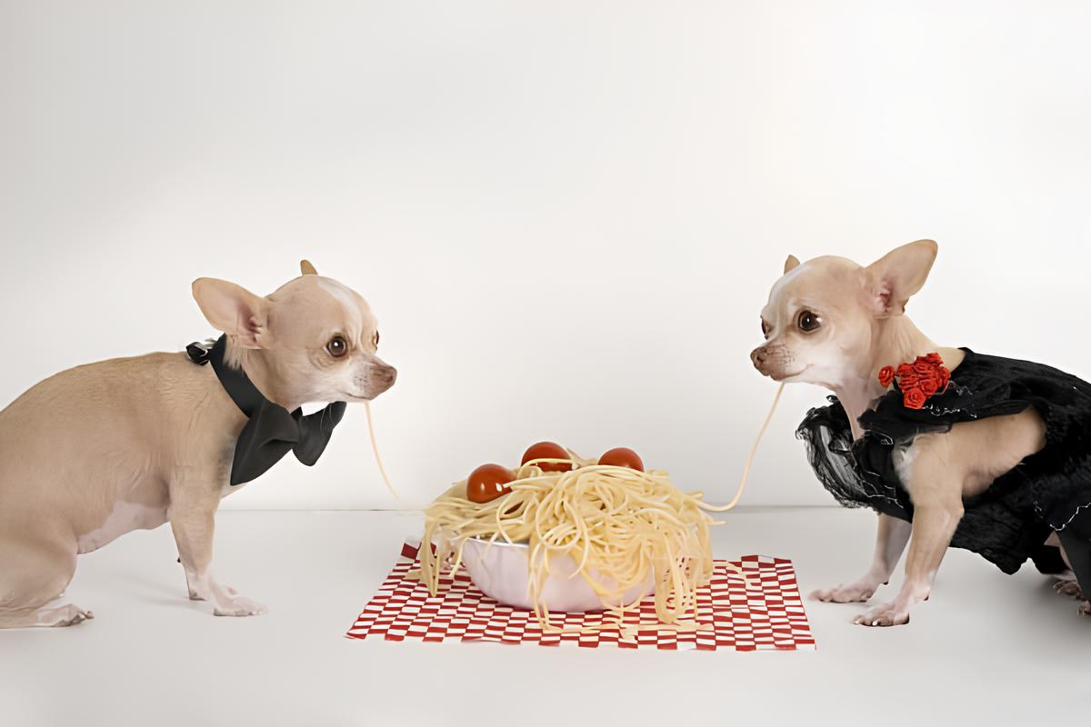 dois cachorros e no meio deles uma tigela com macarrão.