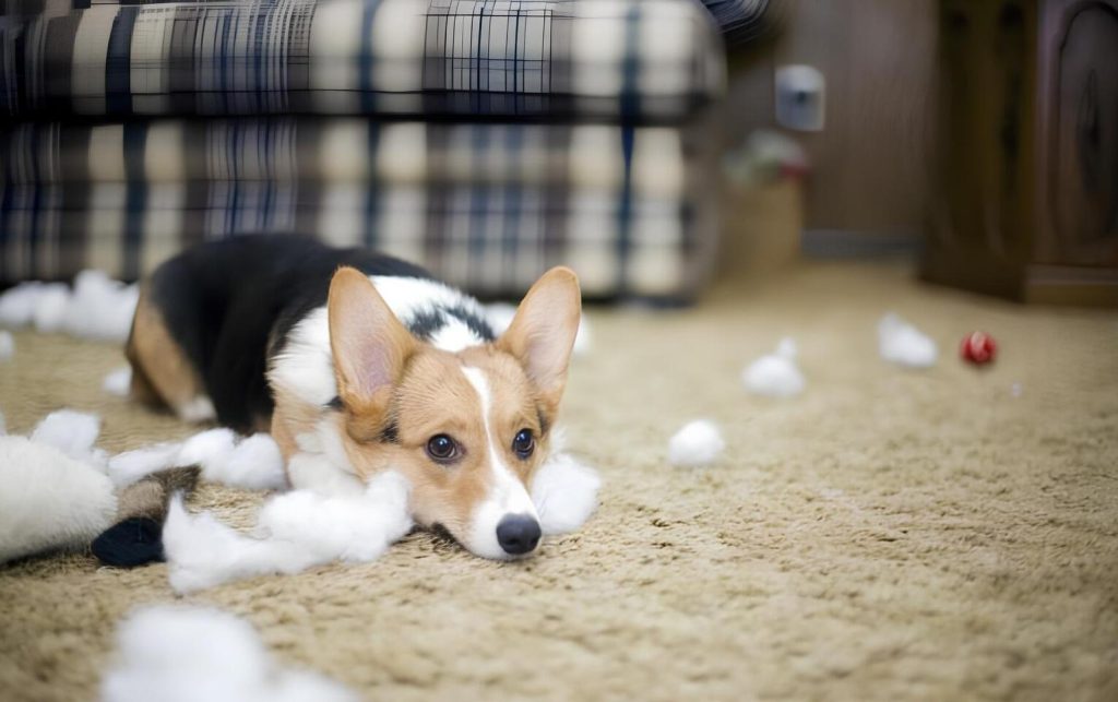 um cachorro deitado porque acabou de destruir um travesseiro.
