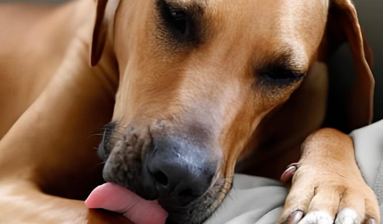 um cachorro lambendo sua pata.