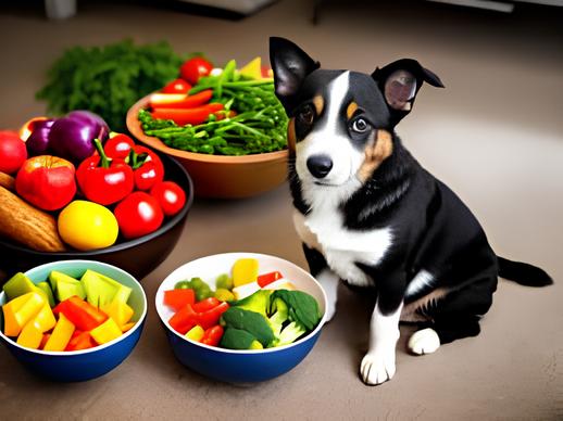um cão sentado olhando para tigelas de comidas naturais .