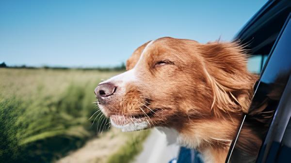 um cachorro com o rosto para fora de um carro, pois ele esta em viagem com seus tutores.
