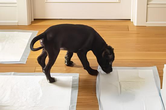 um cachorro fazendo xixi nos tapetes higiênicos