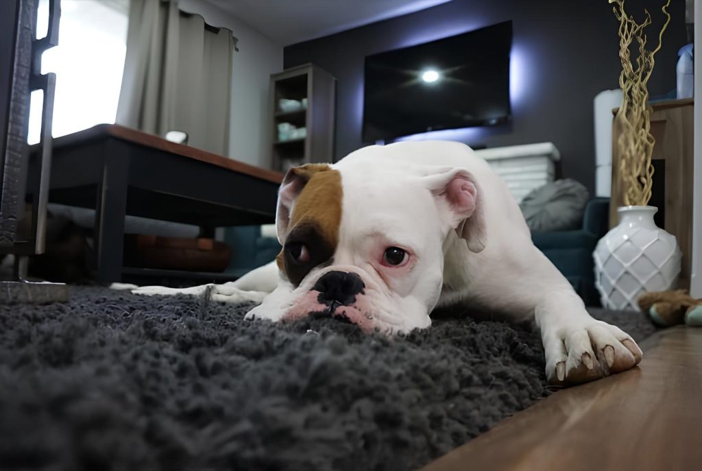 um cachorro deitado com medo dos trovões e raios