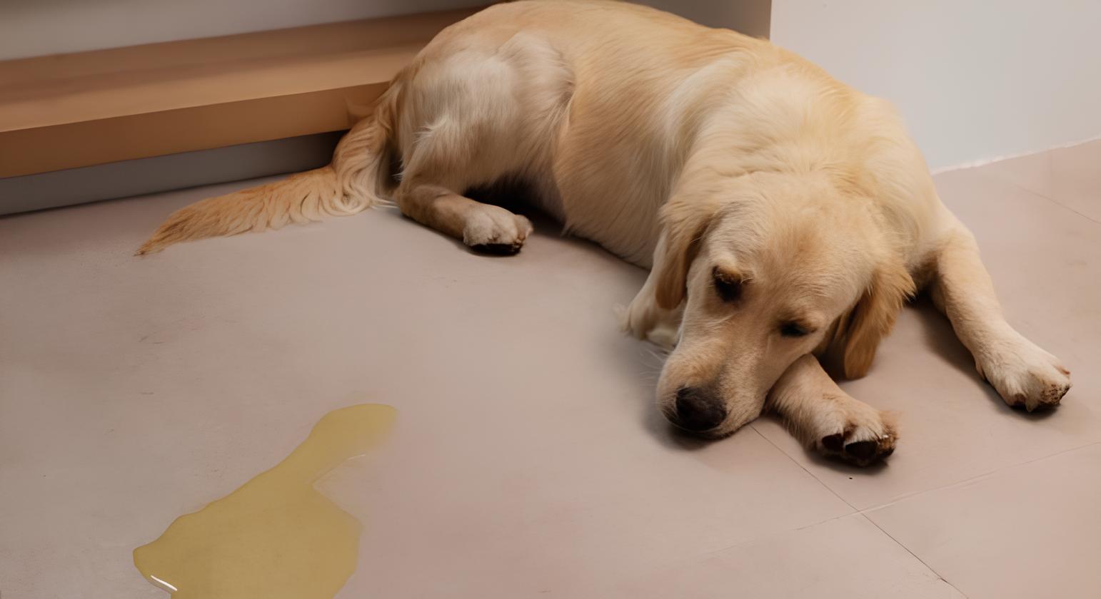 um cachorro deitado no chão e a sua frente um xixi .