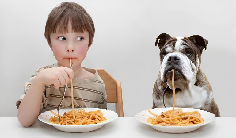 uma criança sentada a mesa comendo um prato de macarrão, ao seu lado um cachorro e na sua frente também um prato de macarrão.