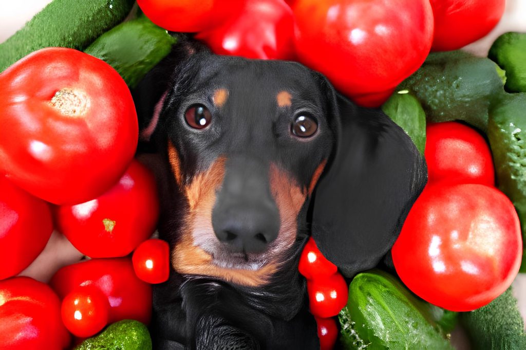 um cachorro deitado e em sua volta vários tomates.